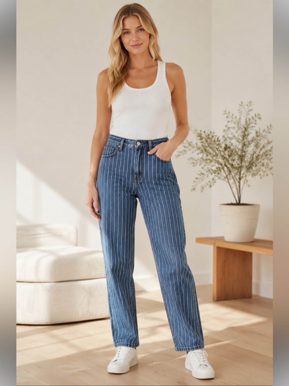 American Eagle Mom Jeans Navy White Pinstripe High Rise 100% Cotton 2R or 0XS